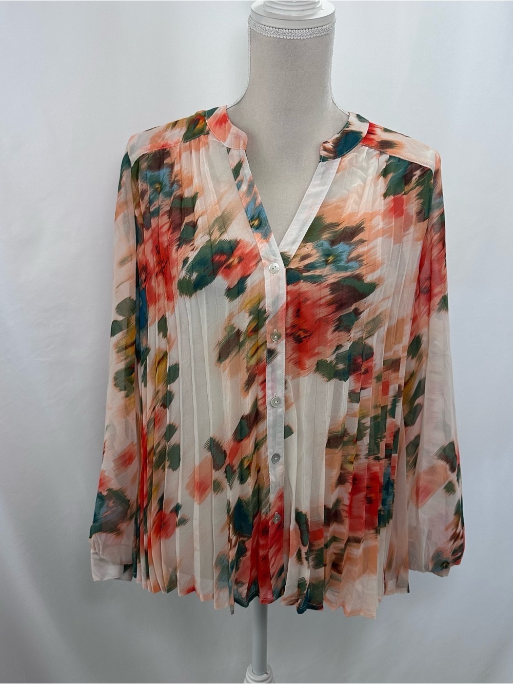Pleated Floral V-Neck Blouse - Cream with Coral & Green Accents